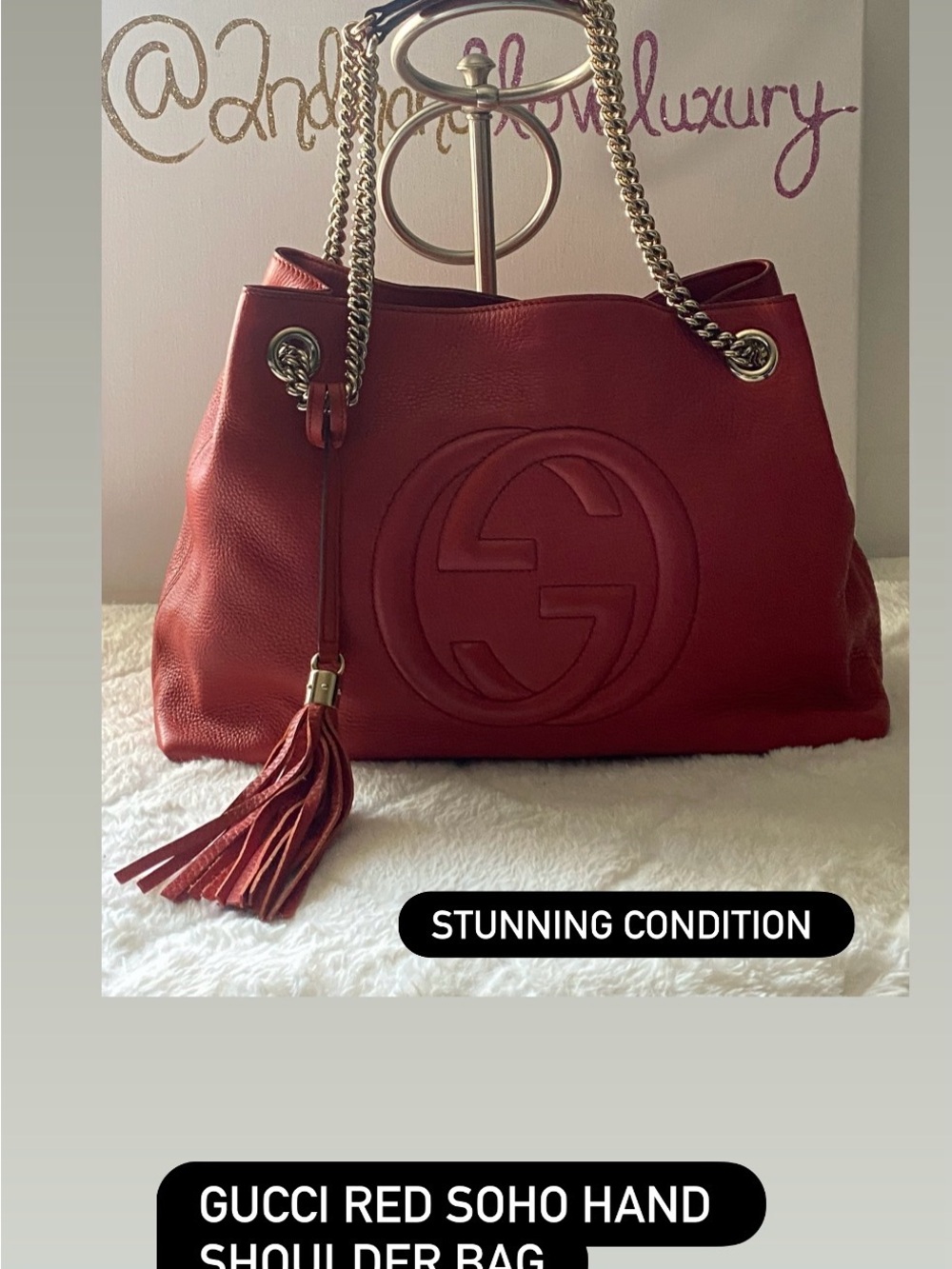Gucci Red Soho Leather Shoulder Tote with Tassel and Chain Straps
